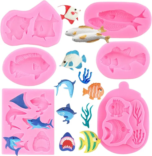 ZiXiang Molde de fondant con temática marina, moldes de silicona para peces, tiburones marinos, coral, caramelo, para decoración de tartas de
