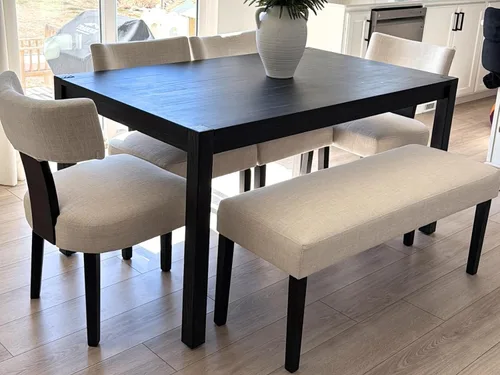 Miniatura 3 de Juego de 2 sillas de comedor de madera negra, modernas sillas tapizadas para comedor y cocina, asiento de lino beige y respaldo medio, silla