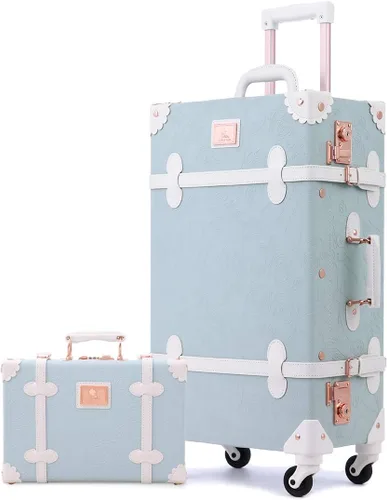 Unitravel Juego de equipaje vintage de 2 piezas aprobado por la TSA para mujer bonita maleta con bolso repujado azul Estilo vintage