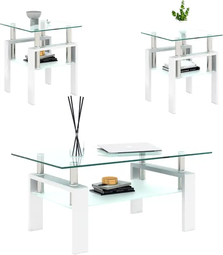 Miniatura 9 de Juego de 3 mesas auxiliares y mesa auxiliar de cristal, diseño clásico de 2 niveles, parte superior de vidrio templado y patas de metal sólido, uso