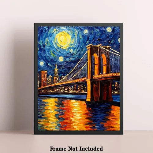 Miniatura 5 de Bestbuddy Pet 8X10 Sin Marco Noche Estrellada Inspirado Puente de Brooklyn Monumento de Nueva York Famosa Arquitectura Tour Mundial Pintura al óleo