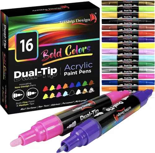 Miniatura 13 de ArtShip Design 10 rotuladores de pintura acrílica negros, paquete doble de marcadores de pintura de punta extra fina y media, para pintura en roca