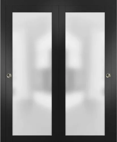 SARTODOORS Puertas corredizas de vidrio esmerilado de 36 x 80 pulgadas con herrajes | Planum 2102 negro mate | Juego de accesorios de molduras de