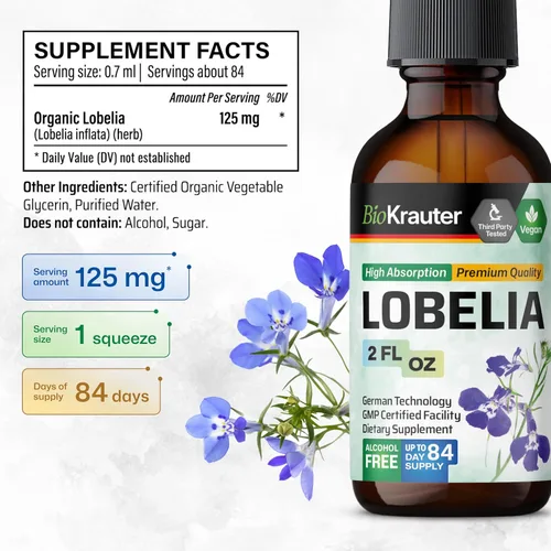 Miniatura 3 de BIO KRAUTER Lobelia Tintura para limpieza y desintoxicación pulmonar – Extracto líquido de hierba de lobelia vegana pura – 2 onzas líquidas. 84 días
