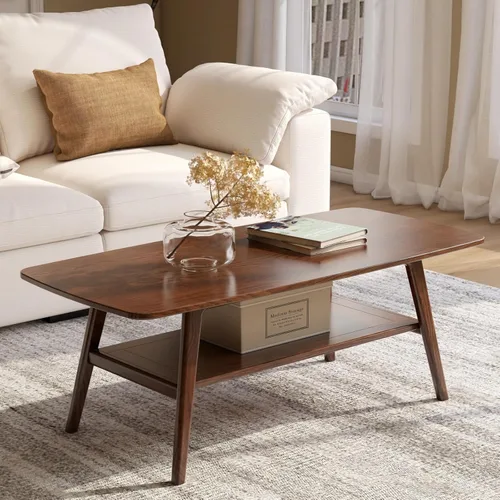 Miniatura 11 de Mesa de centro 100% de madera de roble macizo para sala de estar, mesas de centro pequeñas de 2 niveles con almacenamiento en estantes, mesa moderna