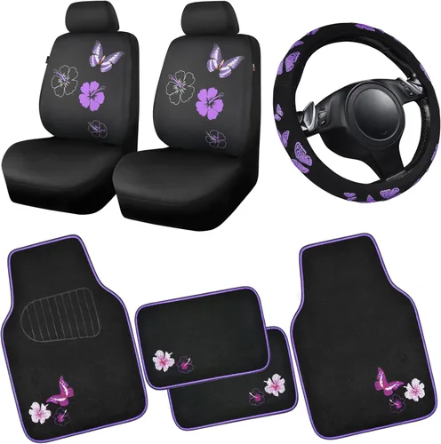Miniatura 14 de CAR PASS Juego completo de fundas de asiento de coche de tela universal con mariposas, alfombrillas de coche impermeables bordadas con flores, funda