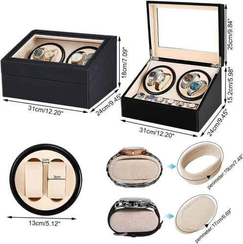Miniatura 4 de J&T Technology Enrollador automático de reloj para 4 rotador de reloj + 6 almacenamiento de relojes, 2 modos de rotación, motor Mabuchi japonés