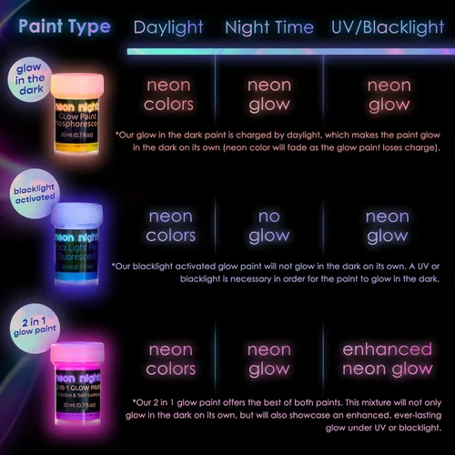 Miniatura 9 de neon nights, pintura que brilla en la oscuridad luminiscente fosforescente pintura autoluminosa - Juego de 8