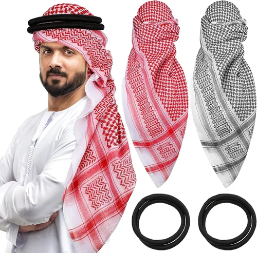 Funtery 4 pañuelos para la cabeza árabe para hombres con cuerda Lgal Aqel Medio Oriente desierto Shemagh Wrap traje árabe turbante keffiyeh