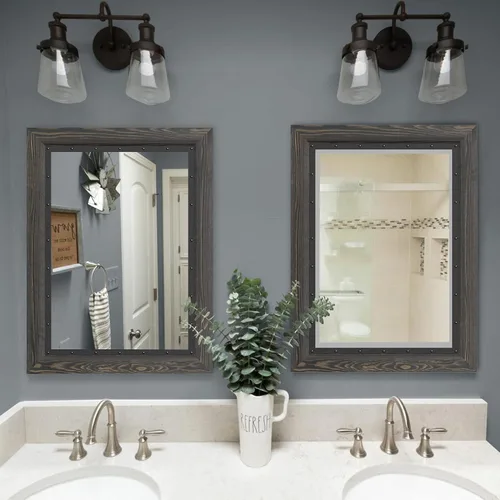 Miniatura 5 de YOSHOOT - Espejo de pared con marco de madera rústica, espejo de tocador de baño de madera natural y hierro para decoración estilo granja, se puede