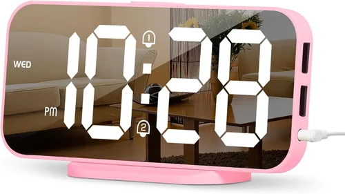 Miniatura 10 de Reloj despertador digital delgado ALANAS para dormitorios, alarmas duales con repetición, superficie de espejo, atenuador de 4 niveles y 2 puertos