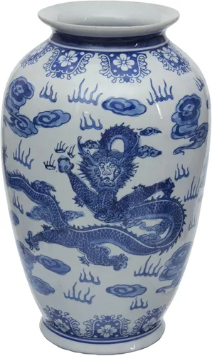 Red Lantern Jarrón Tung Chi de porcelana azul y blanca de 14 pulgadas