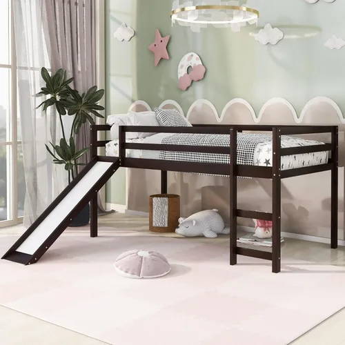 Miniatura 3 de Harper & Bright Designs Cama alta baja con tobogán, marco de cama individual de madera maciza para niños con tobogán y escaleras, no necesita somier
