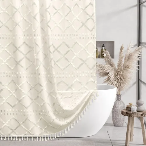 Miniatura 25 de Siiluminisoy Cortina de ducha bohemia rosa con textura y borlas de 72 x 72 pulgadas con tul, cortina de ducha de chenilla tejida con rayas chevrón