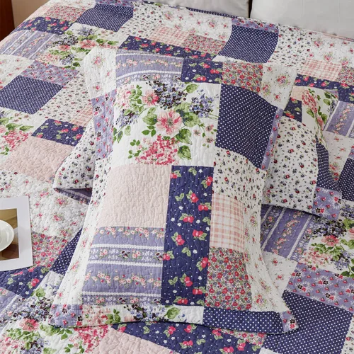 Miniatura 7 de EVENHUG Juego de edredón de retazos de 100% algodón, tamaño King, ligero, floral, juego de ropa de cama, colcha reversible con fundas de almohada