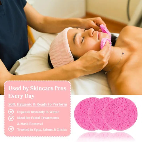 Miniatura 7 de 50 esponjas faciales, celulosa natural comprimida, rosa, forma redonda, limpieza facial, exfoliante, eliminación de maquillaje Paquete de 50 rosas