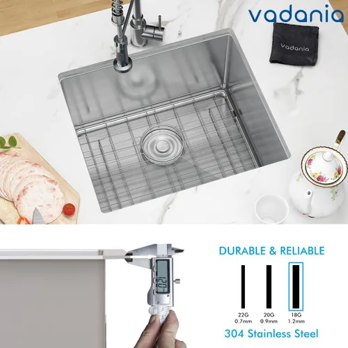 Miniatura 3 de VADANIA - Fregadero de barra de cocina de 20 pulgadas, 20"x18"x10", de un solo tazón, de montaje inferior, acero inoxidable calibre 18 T304, acabado