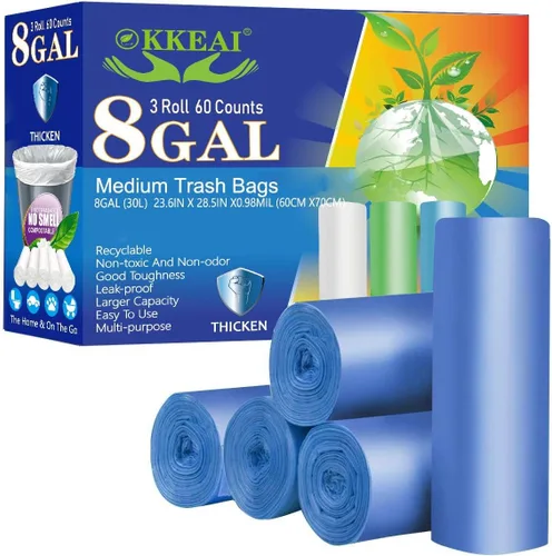 OKKEAI Bolsas de basura azules de 8 galones para cocina, bolsas de basura fuertes de 30 litros, bolsas de basura medianas para papeleras en casa,