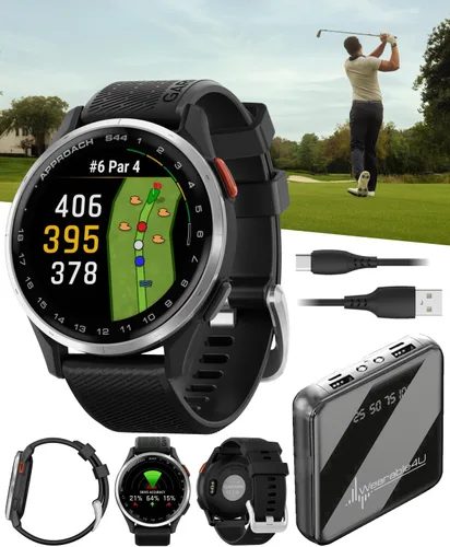 Garmin Approach S44 GPS Reloj inteligente de golf con bisel de aluminio plateado y banda de silicona negra con paquete de batería portátil Wearable4U