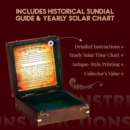 Miniatura 7 de Brújula grande de reloj de sol de 5 pulgadas con caja de madera de palisandro, reloj de reloj de sol de latón antiguo steampunk perfectamente