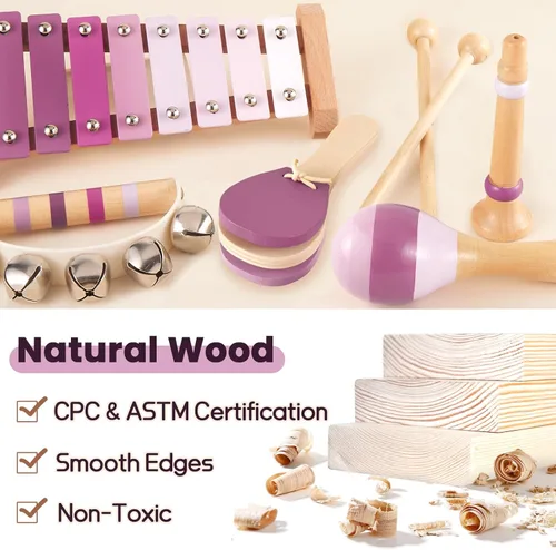 Miniatura 2 de BUYGER Instrumentos musicales para bebés con xilófono, juegos de instrumentos de percusión de madera con bolsa de almacenamiento, regalos educativos