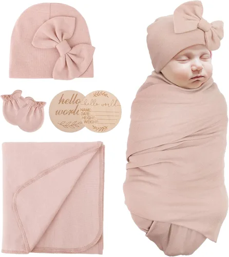 Miniatura 9 de AQOKKA Manta para Recién Nacido con Moño, Juego de Sombrero y Guantes, Tarjeta de Madera para Recién Nacidos, Niños, Niñas, Envoltorio para Envolver