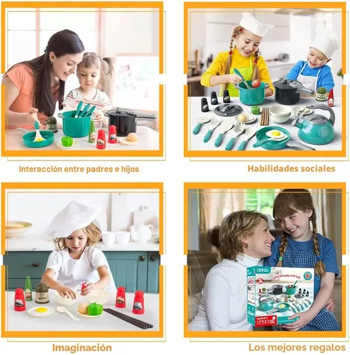 Miniatura 8 de Bruvoalon Juego de 32 juguetes de cocina para niños, accesorios de cocina con ollas, sartenes, utensilios de cocina, alimentos, verduras enlatadas