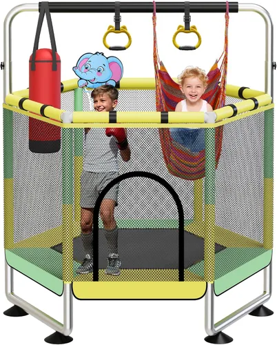 Miniatura 10 de Yozoia 60" Toddler Trampoline, Indoor Trampoline for Kids with Safety Enclosure, 440LBS Support, Adjustable Gymnastics Bar & Toys for Boys Girls