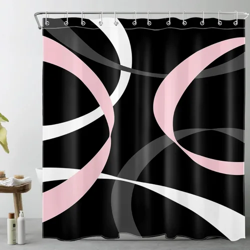 LB Cortina de ducha abstracta rosa para baño, cortina de ducha de tela a rayas grises y blancas sobre fondo negro con ganchos, juego de cortinas de