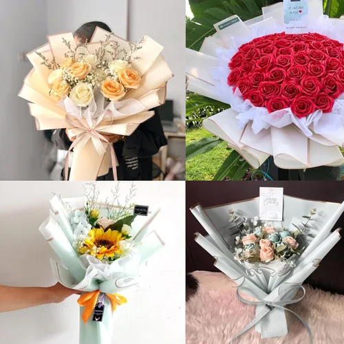 Miniatura 5 de XHKDSYMC 20 hojas de papel de regalo de flores azul real, 22.24 x 22.24 pulgadas, papel de regalo de ramo floral, borde dorado, impermeable, con 1