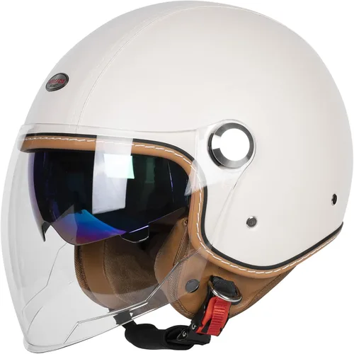 Miniatura 8 de Cascos de cara abierta para motocicleta, aprobados por el DOT, 3/4, casco para motoneta con visera dual, hebilla de liberación rápida, cascos