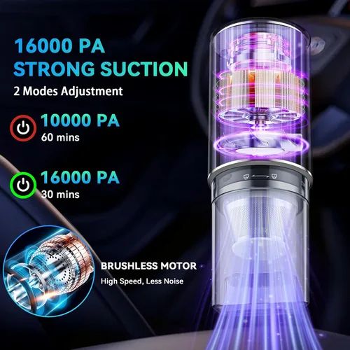 Miniatura 2 de Aspiradora portátil inalámbrica con motor sin escobillas, potencia de succión de 16000 PA, plumero de aire comprimido 3 en 1 y soplador de aire