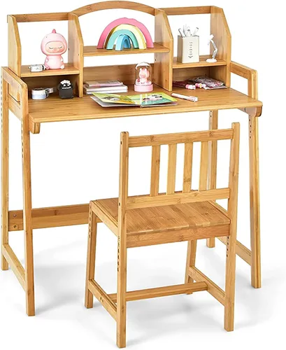 UNICOO - Juego de escritorio y silla de bambú ajustable en altura para niños, escritorio para niños, mesa de estudio y juego de sillas (Naturaleza