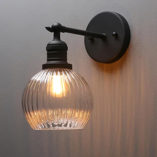PERMO Aplique de pared vintage ajustable para interiores con pantalla de vidrio de globo acanalado, accesorios de pared negros para pasillo, baño,