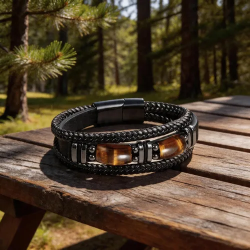Miniatura 6 de Pulsera de cuero negro de ojo de tigre para hombre, piedra preciosa de ojo de tigre natural, joyería hecha a mano, pulsera de protección