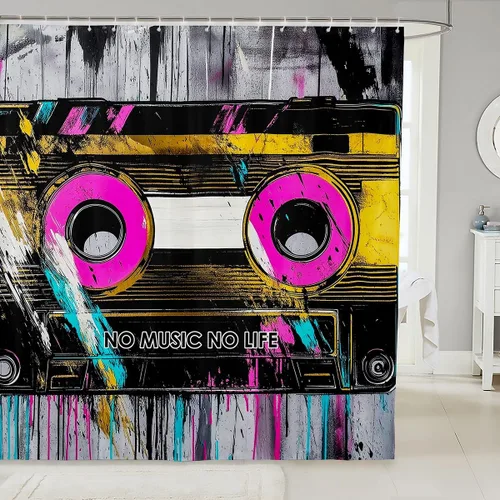 Feelyou Cortina de ducha musical para decoración de baño, cinta de casete, cortina de baño de música, accesorios de baño, tela de poliéster