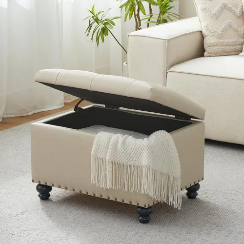 Miniatura 8 de Zihanhome Otomana de cuero con almacenamiento, reposapiés otomano tapizado con botones, taburetes para pies, otomanas rectangulares de 24 pulgadas