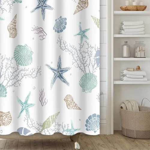 Miniatura 8 de Cortina de ducha azul océano, juego de cortina de ducha náutica costera de coral con estrellas de mar, para baño, tema náutico marino oceánico, mar