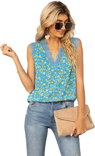 Miniatura 273 de VIISHOW - Camiseta sin mangas, sexy, con cuello en V y bordes de encaje para mujer, camisola de vestir, camisas de gasa, sin mangas, casuales