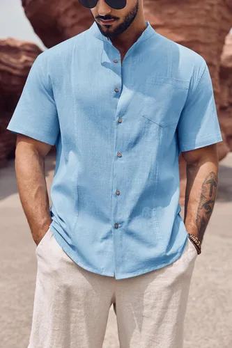 Miniatura 3 de Makkrom Camisa guayabera de lino para hombre, con botones, manga corta, casual, cubana, mexicana, cuello de banda, tops de verano para la playa