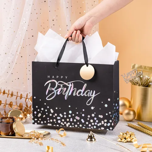 Miniatura 4 de Loveinside Bolsa de regalo de cumpleaños negra con papel de seda para cumpleaños, baby shower, fiesta y más, 13 x 5 x 10 pulgadas, 1 unidad