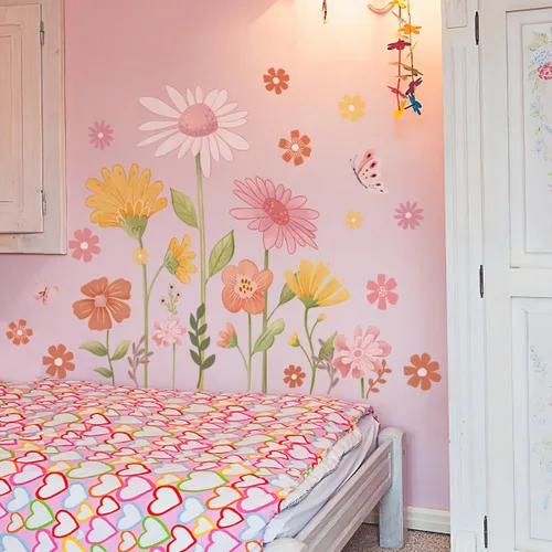 Miniatura 3 de Calcomanías de pared de flores bohemias, calcomanías de pared de margaritas y mariposas, PVC impermeable, autoadhesivas, arte floral, retro, se
