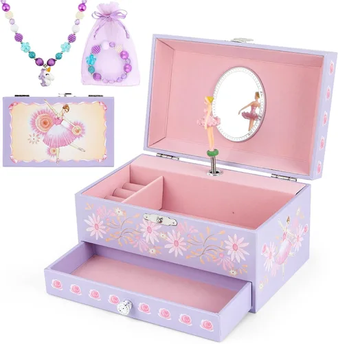 Miniatura 8 de Caja de joyería musical con cajón, estuche de almacenamiento de joyería musical con bailarina giratoria, juego de regalo para niñas, niños, hijas