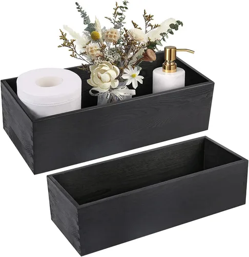 LotFancy Caja de decoración de baño, paquete de 2 soportes de papel higiénico de madera, cesta de almacenamiento de tanque de inodoro negro, parte