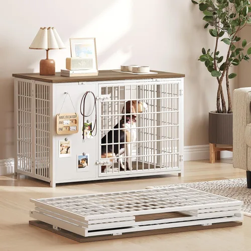 Miniatura 13 de YATINEY Mueble plegable para jaula de perro, jaula para perros de 47.2" con marco DIY, perrera de interior resistente con ganchos, mesa auxiliar