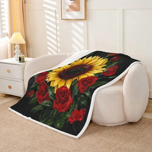 Miniatura 3 de Manfei Manta de girasol amarillo, manta de cama con rosas rojas para decoración de habitación de niños y niñas, manta floral de hojas verdes