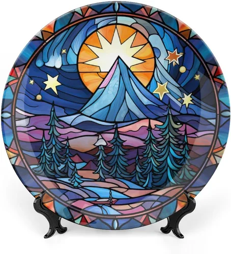 Miniatura 11 de Winter Village - Platos decorativos de noche de luna para decoración del hogar, platos de cerámica con diseño de vitrales para sala de estar, Noche
