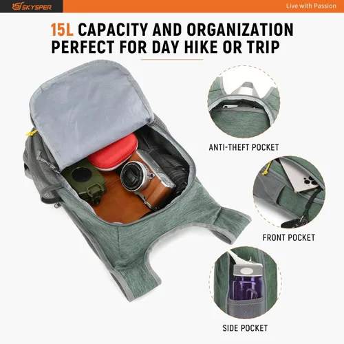 Miniatura 3 de SKYSPER Mochila pequeña de senderismo de 10L/15L/20L Mochila de viaje ligera para mujeres y hombres Verde