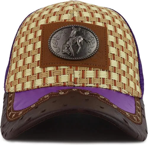 Miniatura 2 de Trendy Apparel tienda paja diseño metálico Rodeo Cowboy caballo Logo de metal camionero de malla gorra de béisbol