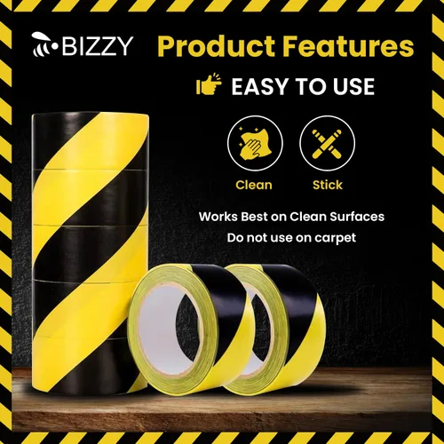Miniatura 6 de Bizzy Cinta de seguridad negra y amarilla de 2 pulgadas x 108 pies industrial Cinta de precaución amarilla y negra para piso, cinta de cuidado
